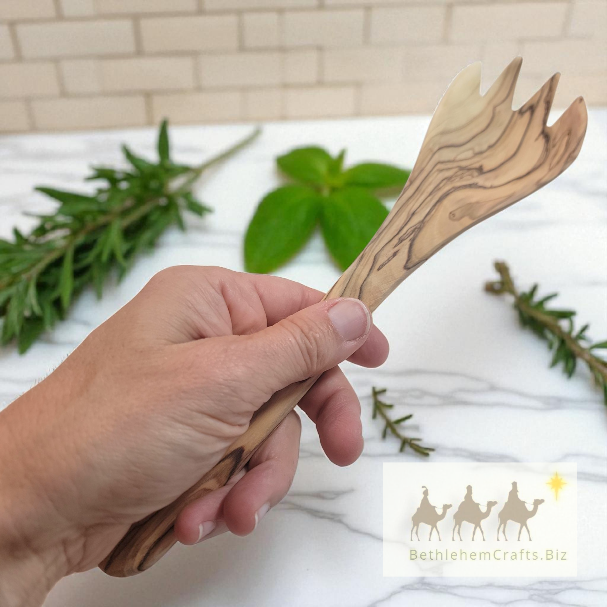 Authentic Holy Land olive wood pair of serving spoons handmade in Bethlehem for kitchen utensils, Christmas, foodie gift