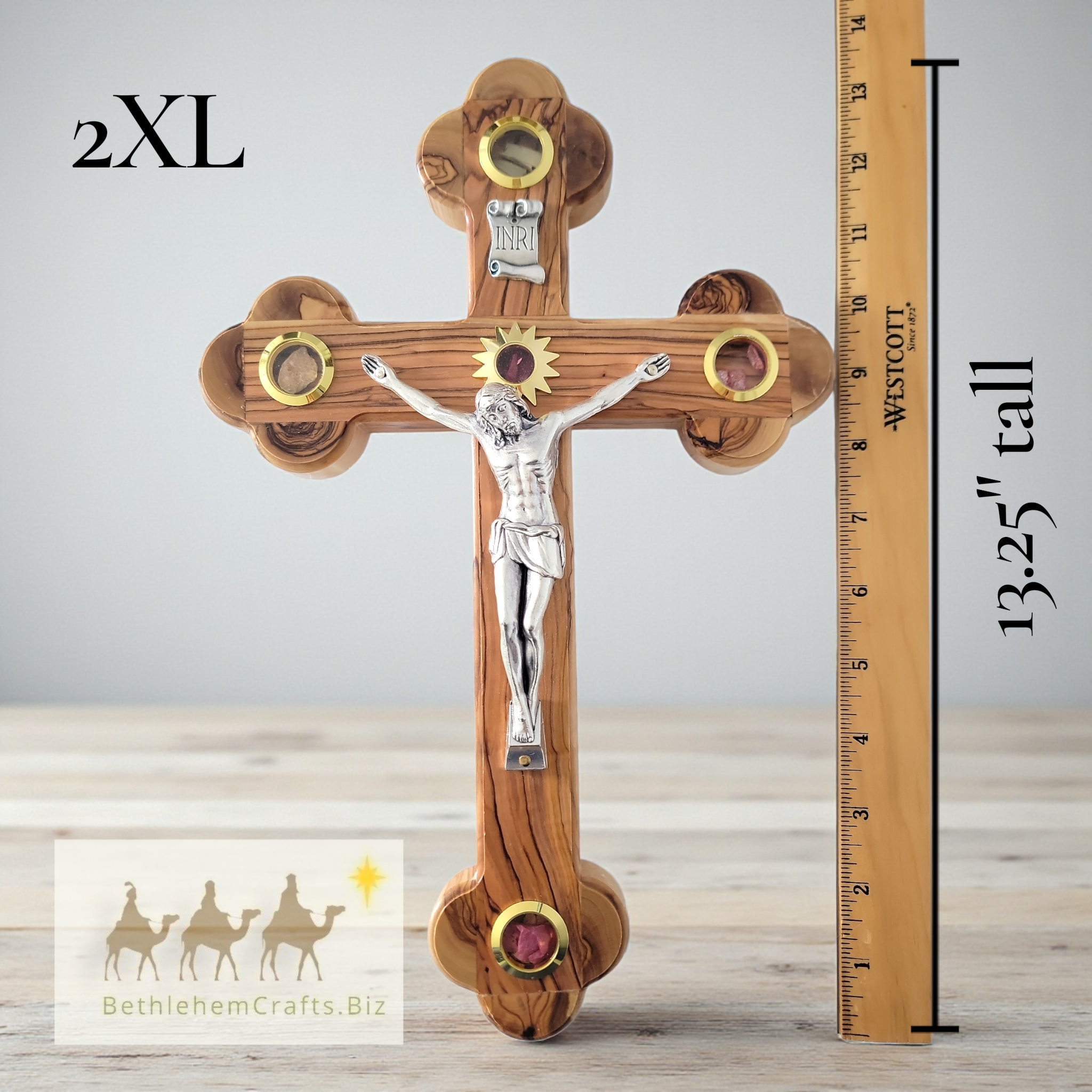 Authentic Holy Land olive wood crucifix, budded apostles cross with Jesus carving handmade in Bethlehem for Catholic decor