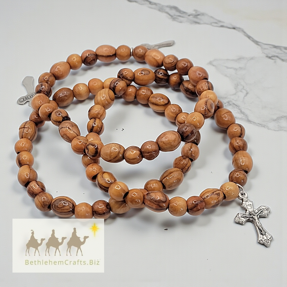 Thumbnail: Authentic Holy Land olive wood minimalist unisex beaded bracelet with cross handmade in Bethlehem, Catholic Christian Gift
