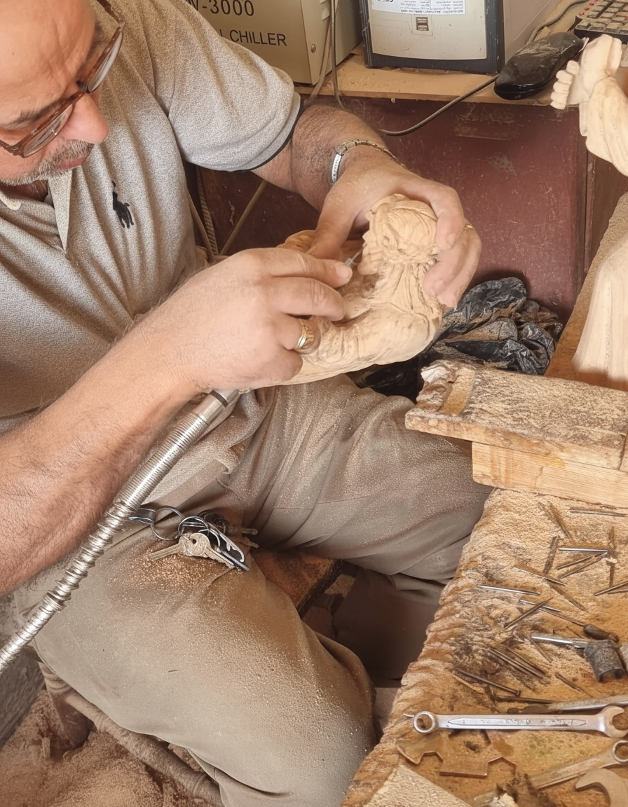 Bethlehem Christians artisan carving olive wood statue of Jesus.