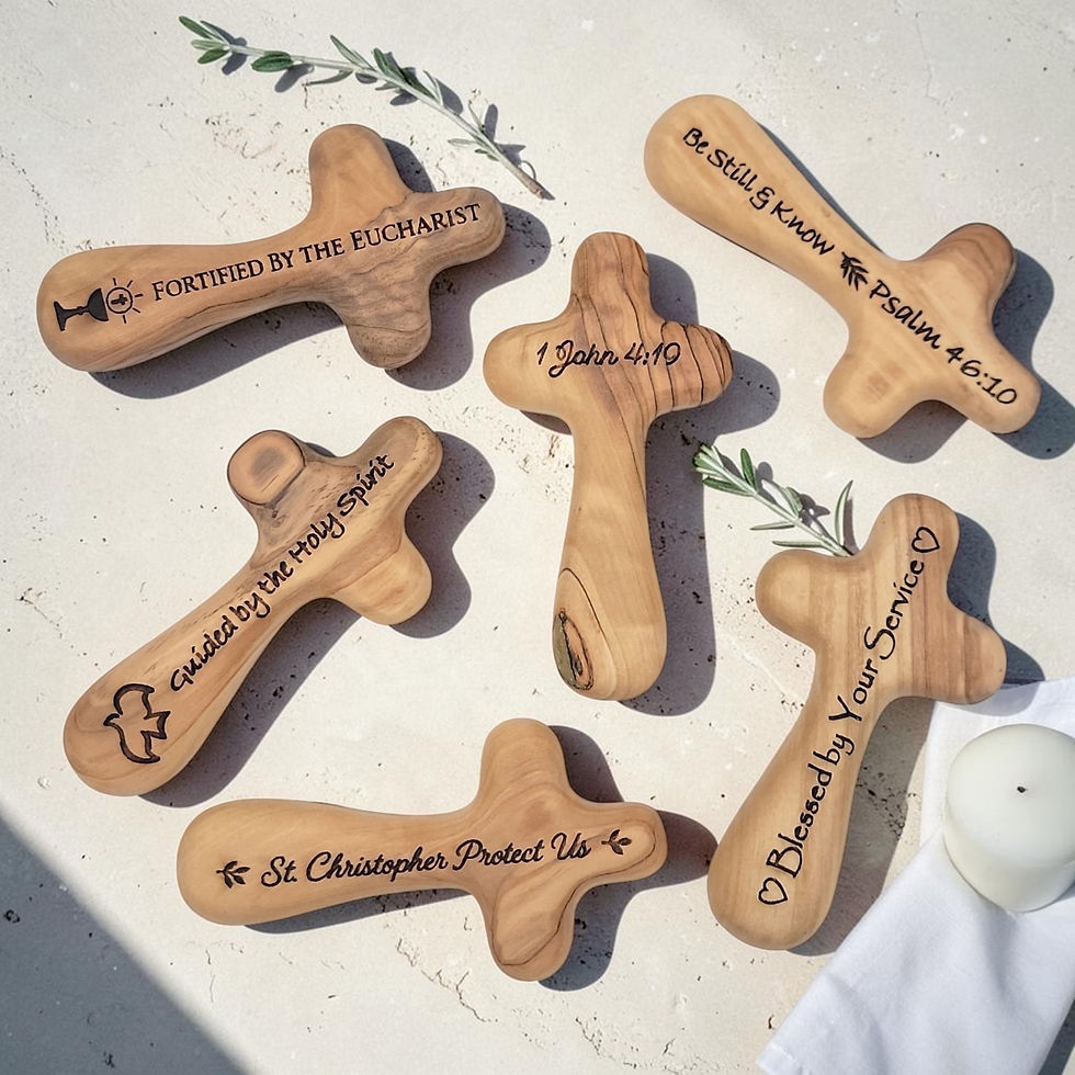 Assorted custom engraved olive wood palm crosses featuring parish, Scripture and ministry designs