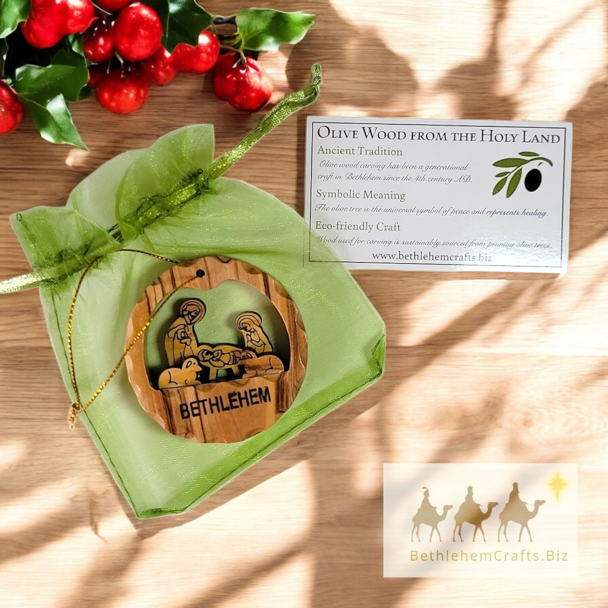 Authentic Holy Land olive wood round nativity Christmas ornament handmade in Bethlehem for Christian Catholic gift d�cor