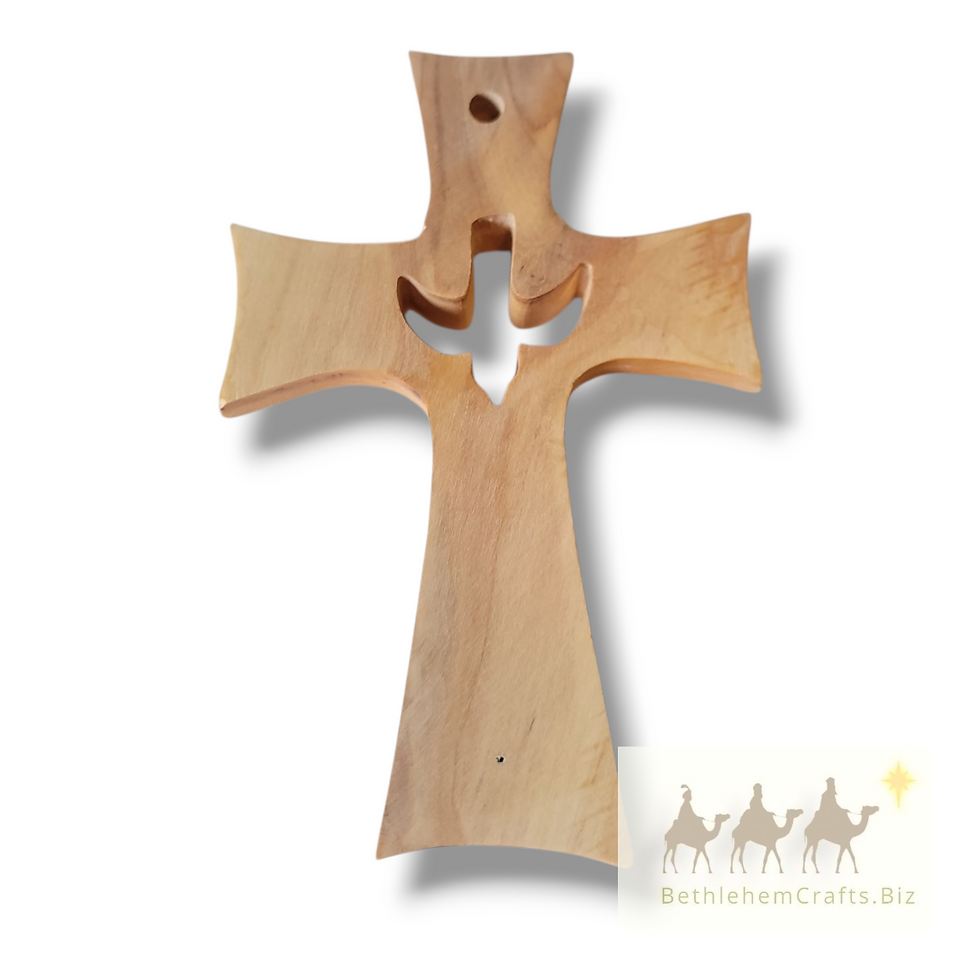 Thumbnail: small olive wood cross with holy spirit dove shape, wooden cross with peace dove from the Holy Land