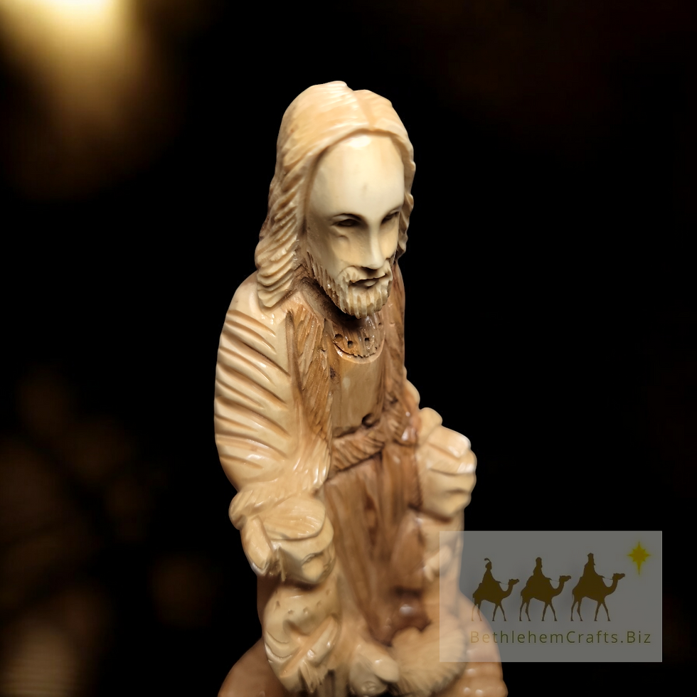 Thumbnail: hand carved statue of jesus with children, Holy Land folk art carving of Jesus blessing two kids