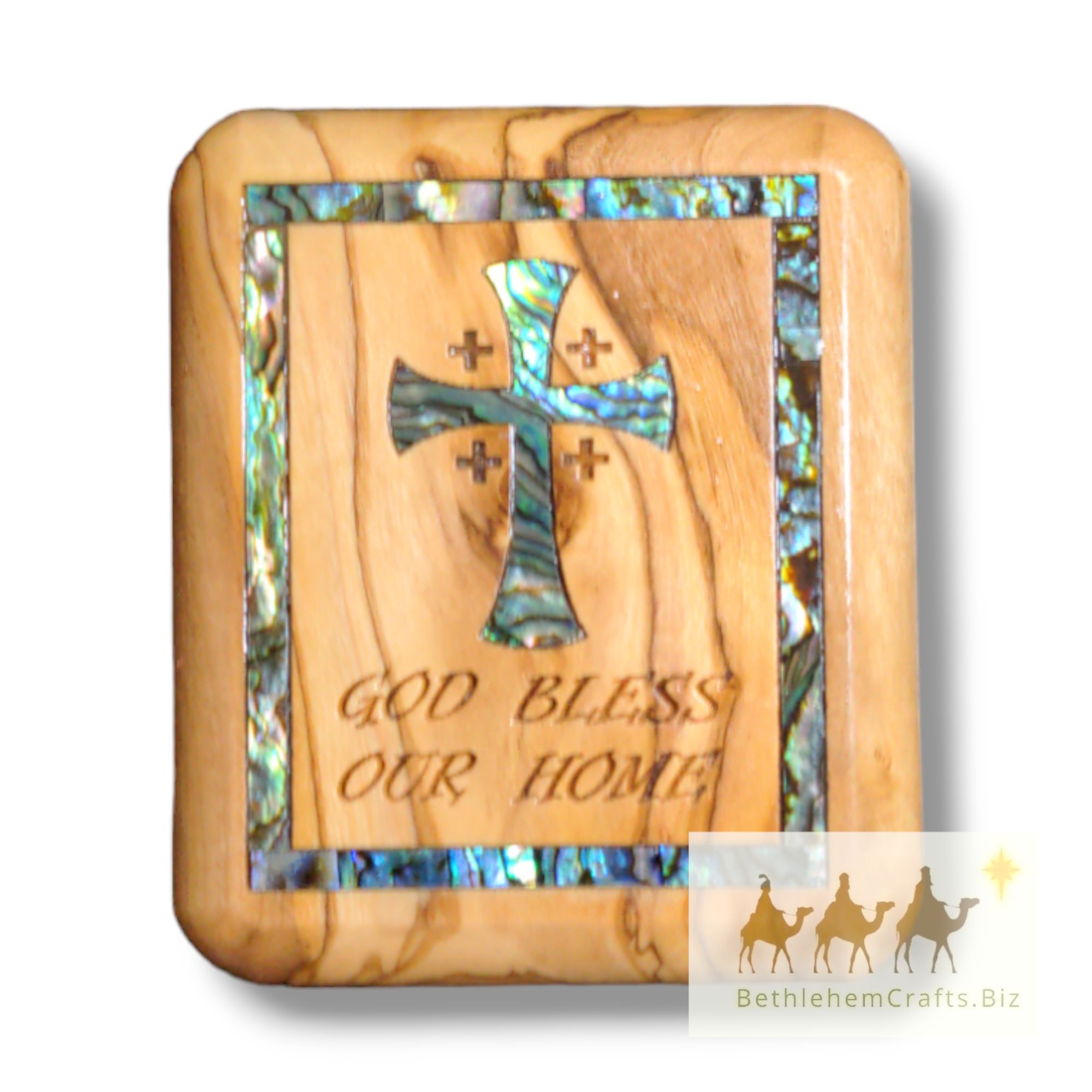 Authentic Holy Land olivewood jewelry rosary box with mother of pearl cross handmade in Bethlehem for Christian Catholic gift