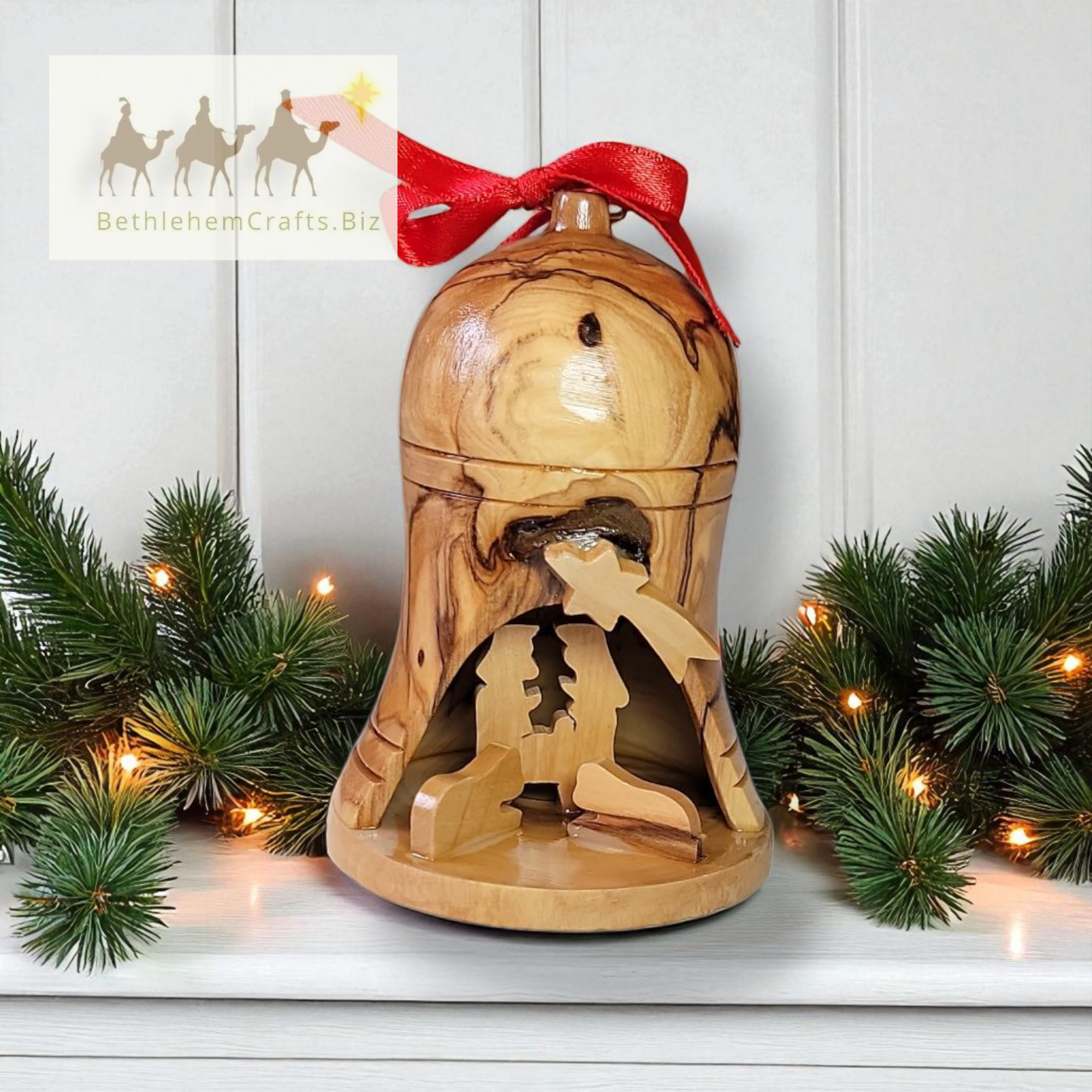 Authentic Holy Land olive wood 3D bell shaped nativity ornament handmade in Bethlehem for Christian Christmas d�cor gift