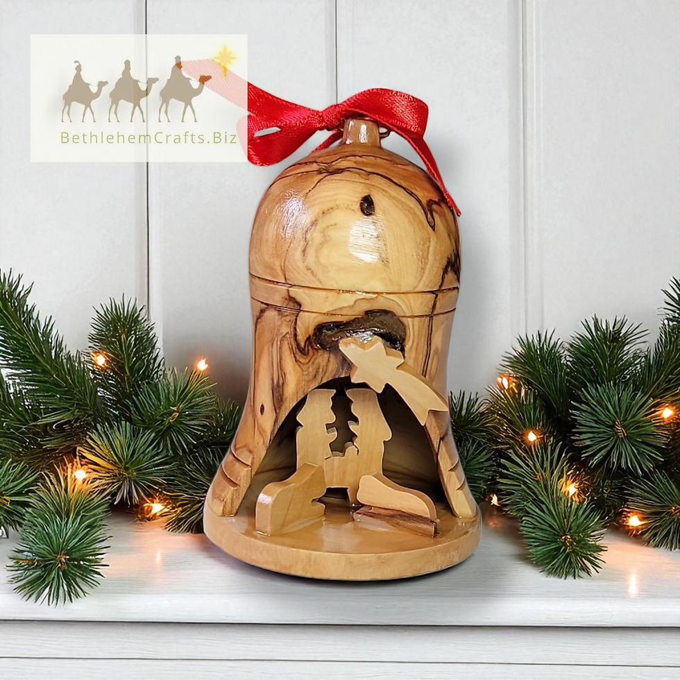Thumbnail: Authentic Holy Land olive wood 3D bell shaped nativity ornament handmade in Bethlehem for Christian Christmas d�cor gift