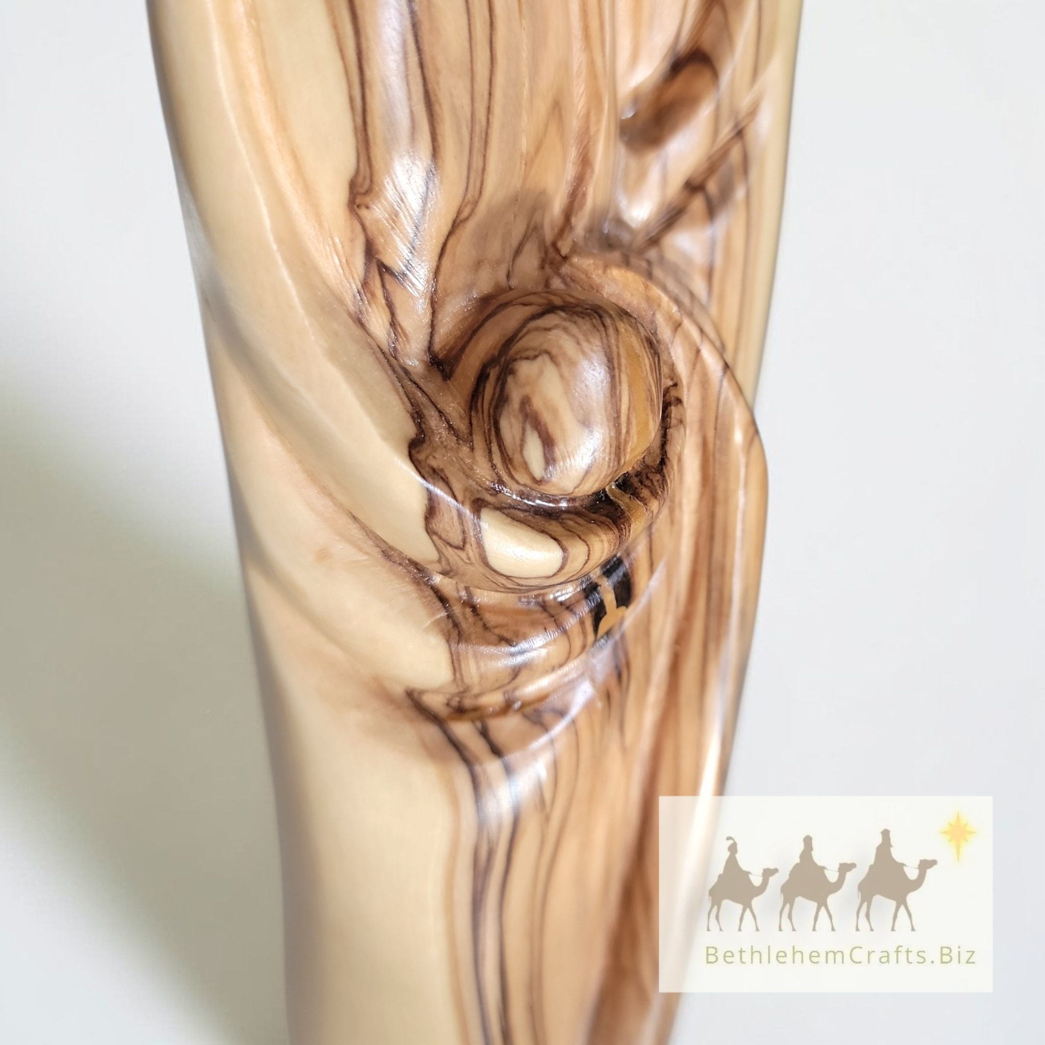 Authentic Holy Land olive wood statue of holy family of three handmade in Bethlehem for modern Catholic Christian d�cor gift