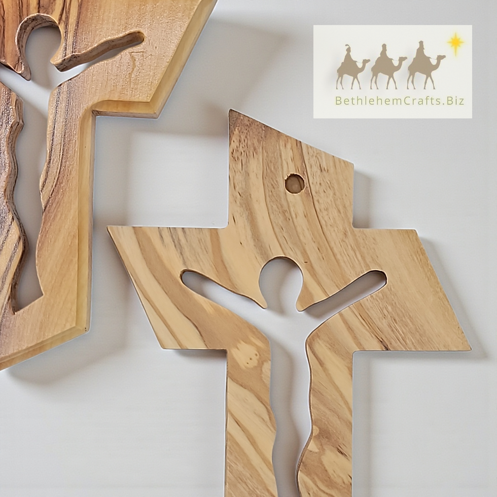 Thumbnail: Authentic Holy Land olive wood small wall cross with fish dove jesus, handmade in Bethlehem for Easter Christian Gift.
