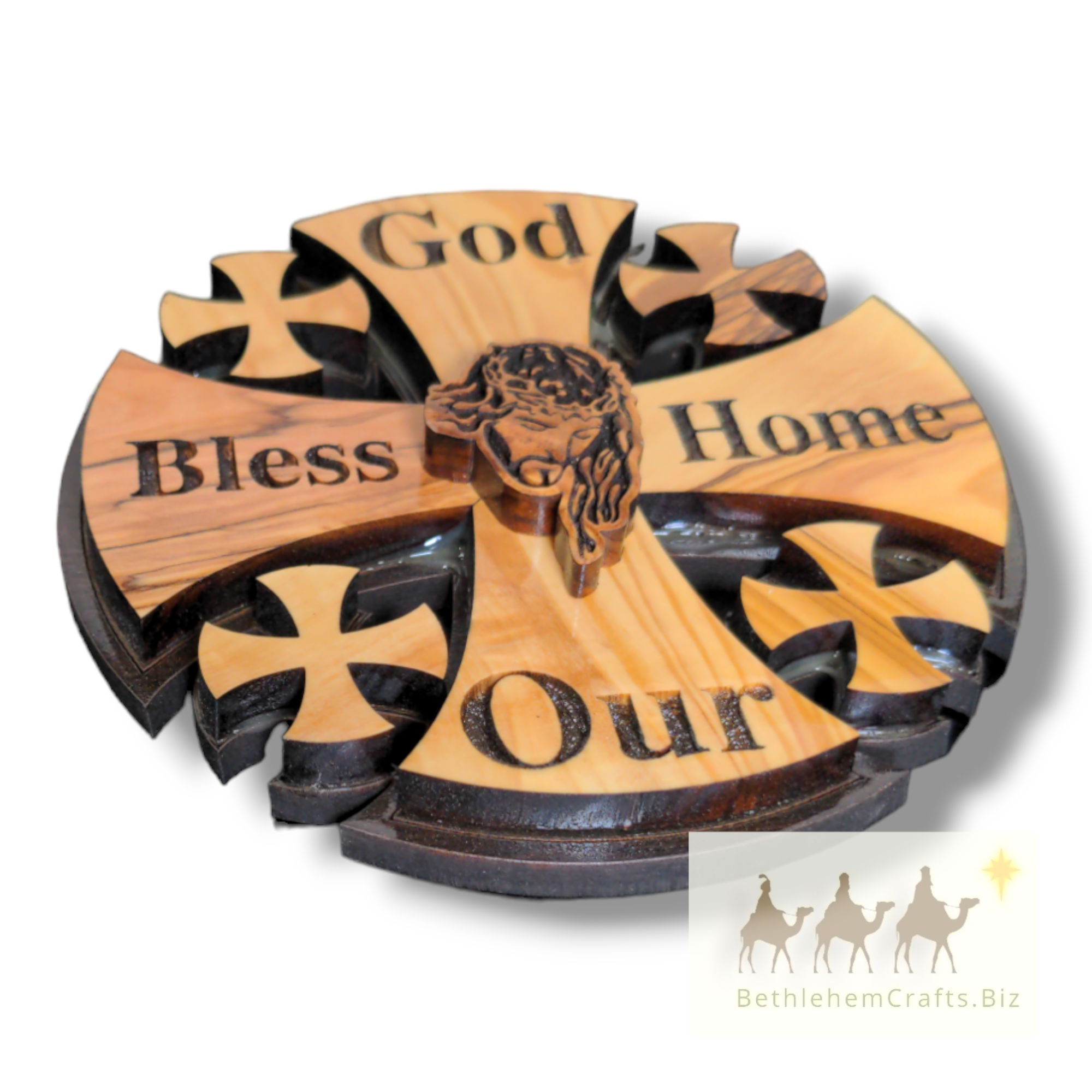 Authentic Holy Land olivewood circle god bless home sign handmade in Bethlehem for Catholic Christian d�cor housewarming gift