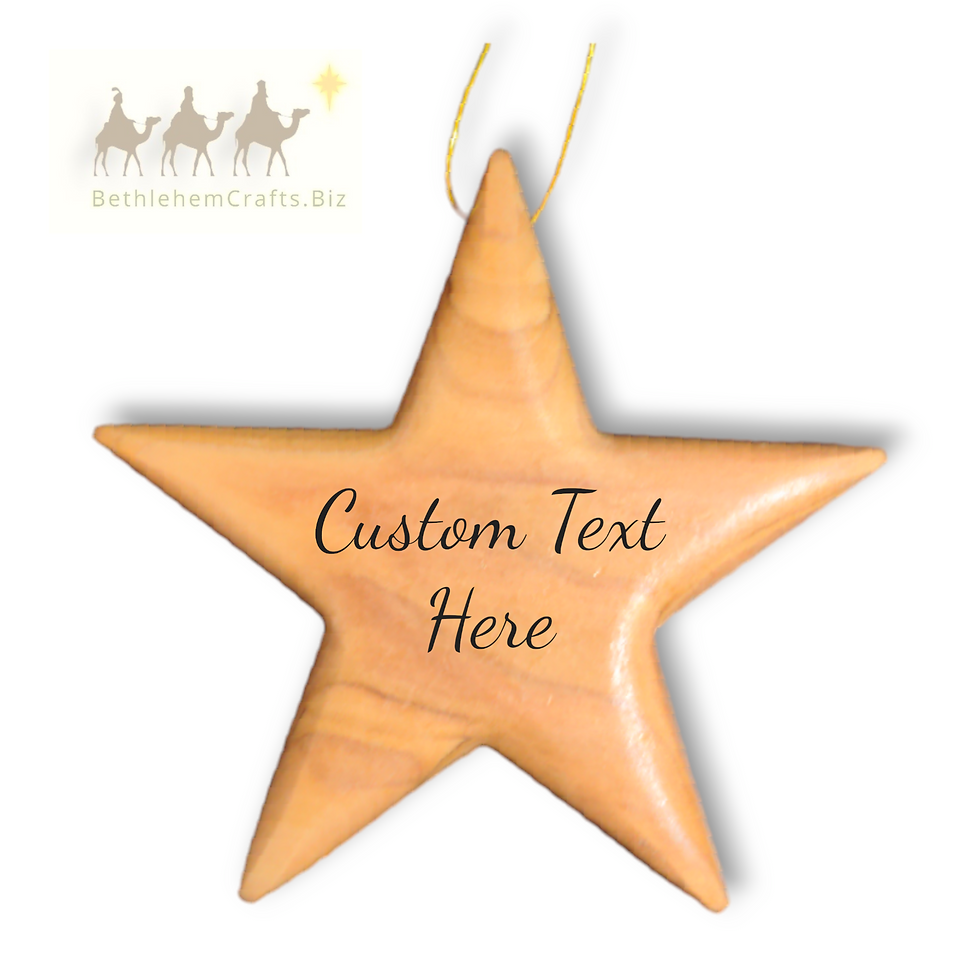 Thumbnail: Authentic Holy Land olive wood custom engraved star ornament with bells handmade in Bethlehem for Personalized Christmas gift
