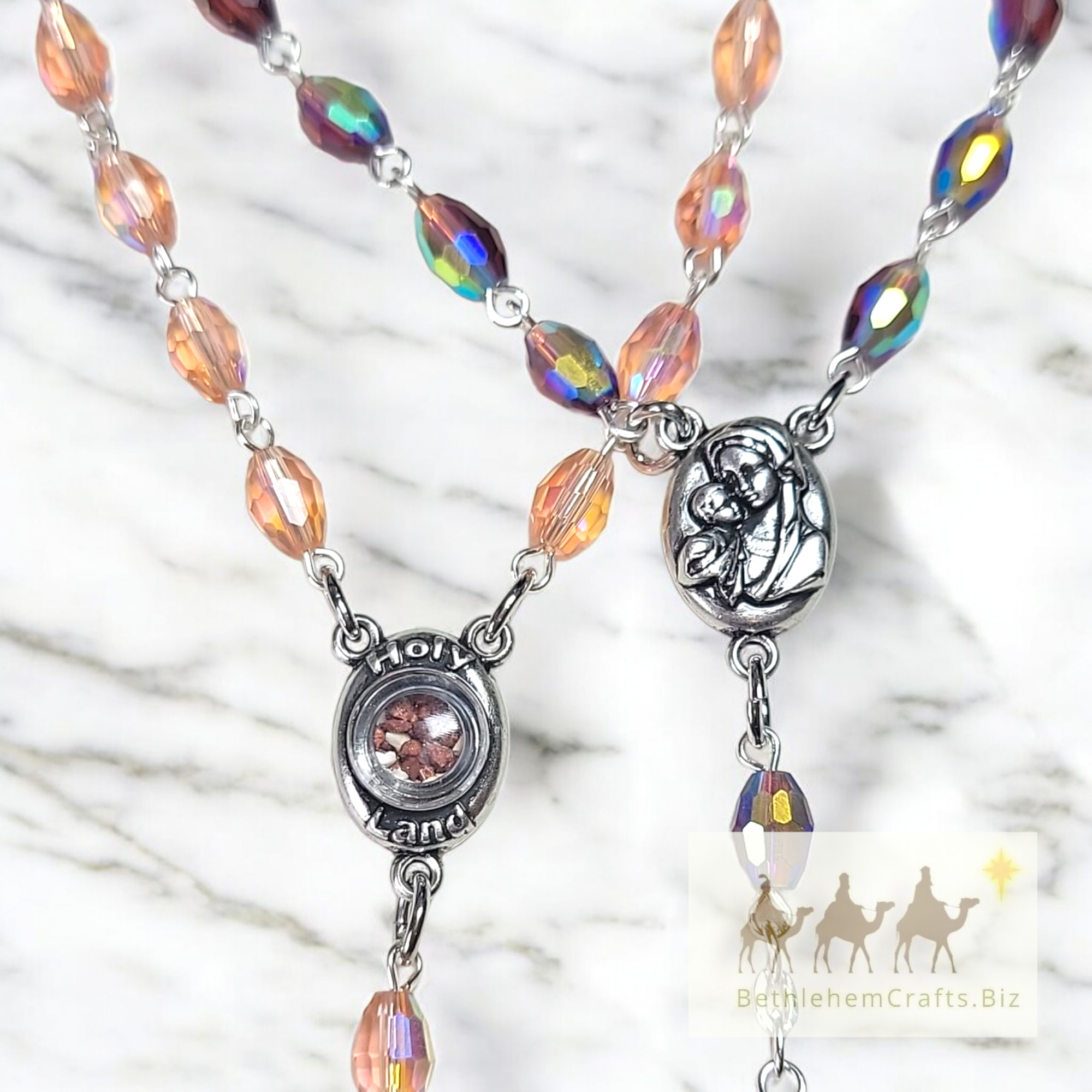 Authentic Holy Land pink purple rosary beads with jerusalem soil handmade in Bethlehem Catholic confirmation religious gift