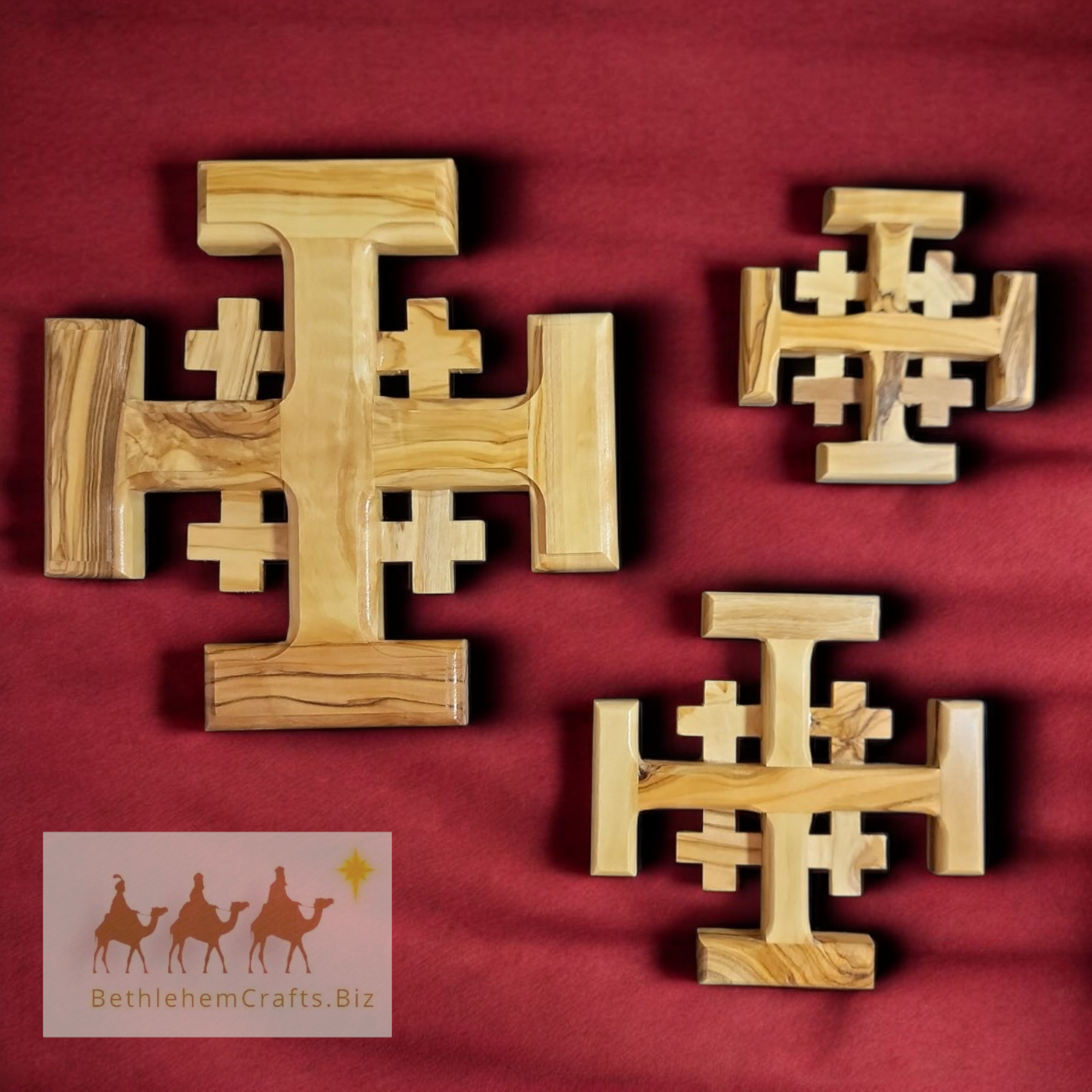 Authentic Holy Land olive wood square crusader jerusalem cross handmade in Bethlehem for Catholic Christian d�cor gift