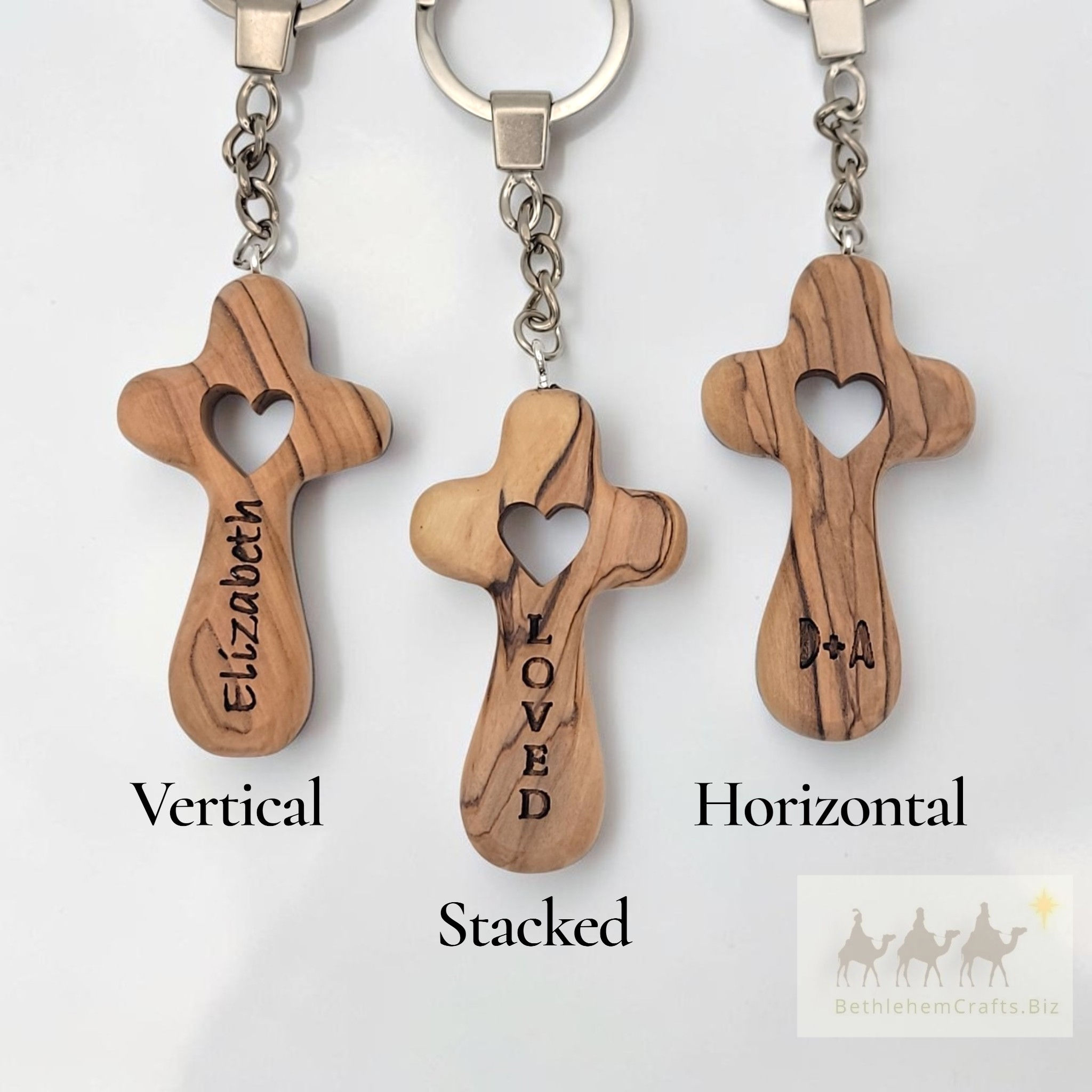Authentic Holy Land olive wood cross keychain with heart shape handmade in Bethlehem for Personalized Christian Gift.  