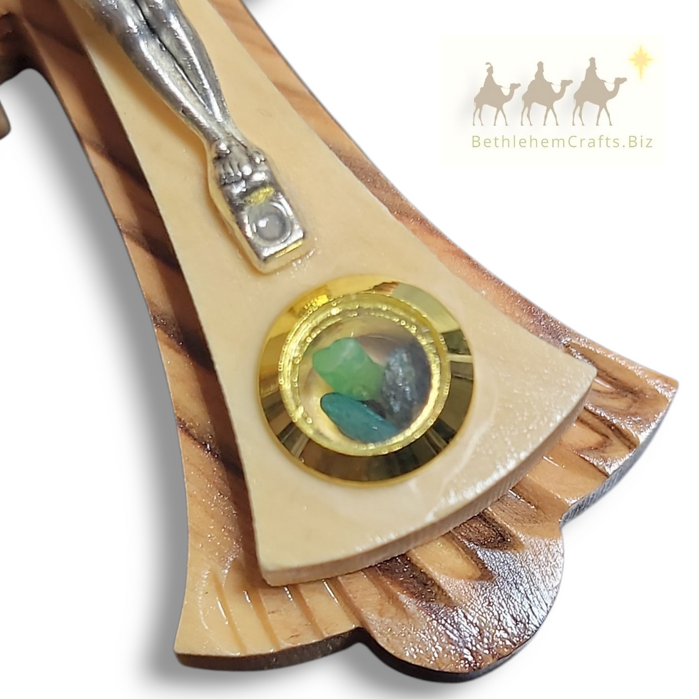 Thumbnail: small 4" olive wood wall hanging crucifix with Jerusalem Cross details and metallic corpus and incense from the Holy Land