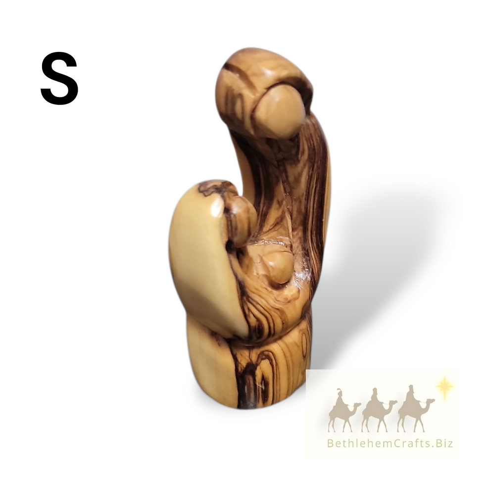 Thumbnail: modern faceless olive wood carving of the holy family, curved statue of mary joseph and jesus, minimalist Christmas decor