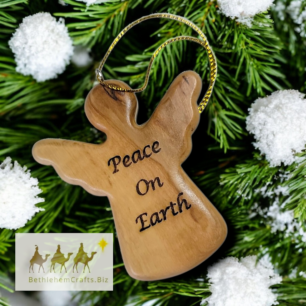 Thumbnail: Authentic Holy Land olive wood personalized angel ornament with heart handmade in Bethlehem for custom birthday memorial gift