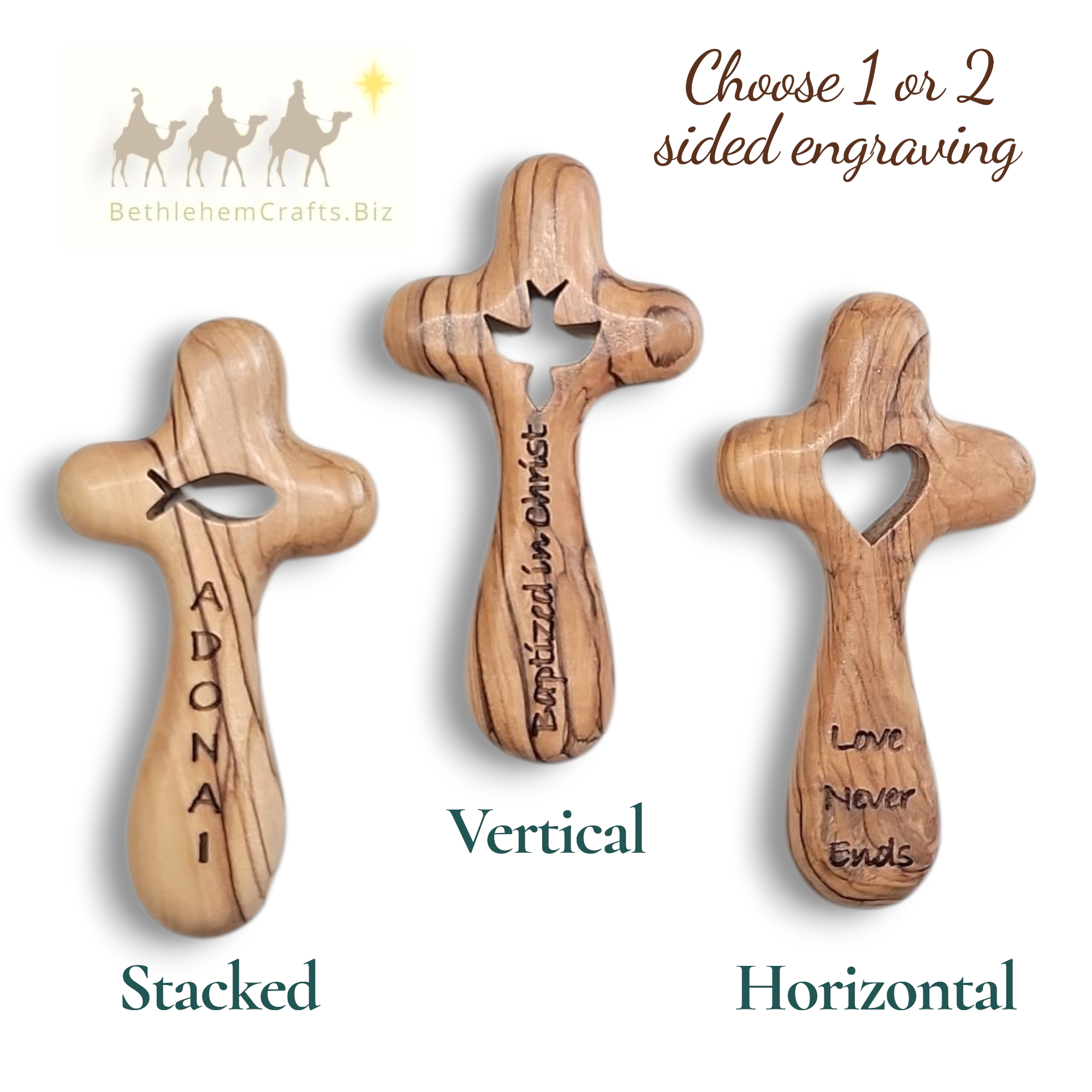 Authentic Holy Land olive wood pocket palm cross with dove heart or fish symbol handmade in Bethlehem for Personalized Gift