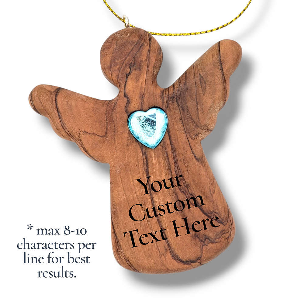 Thumbnail: Authentic Holy Land olive wood personalized angel ornament with heart handmade in Bethlehem for custom birthday memorial gift