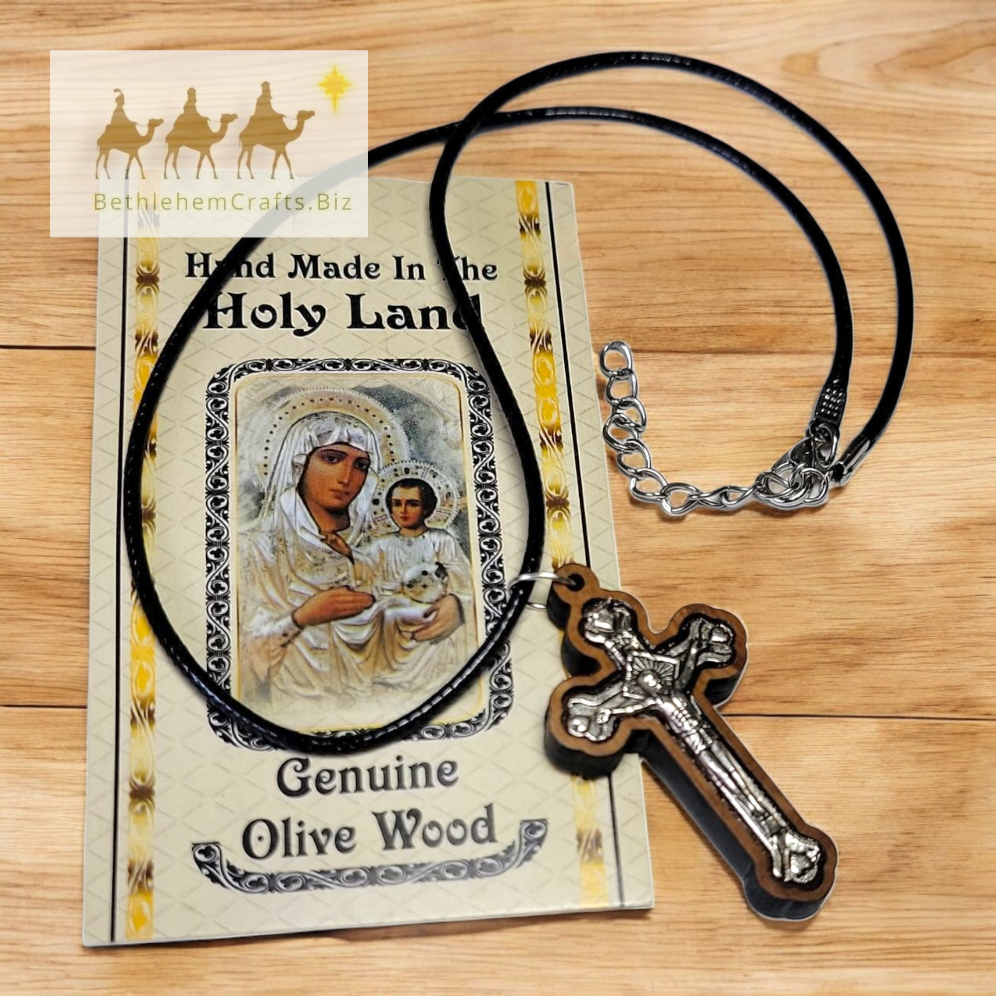 Authentic Holy Land olive wood mens crucifix necklace on black leather cord handmade in Bethlehem for Christian Catholic gift