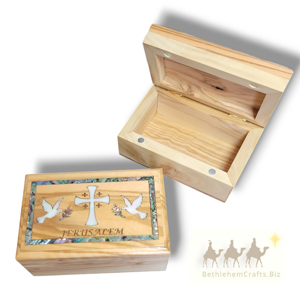 Thumbnail: Authentic Holy Land olive wood jewelry rosary  ring box with dove of peace handmade in Bethlehem for christian christmas gift
