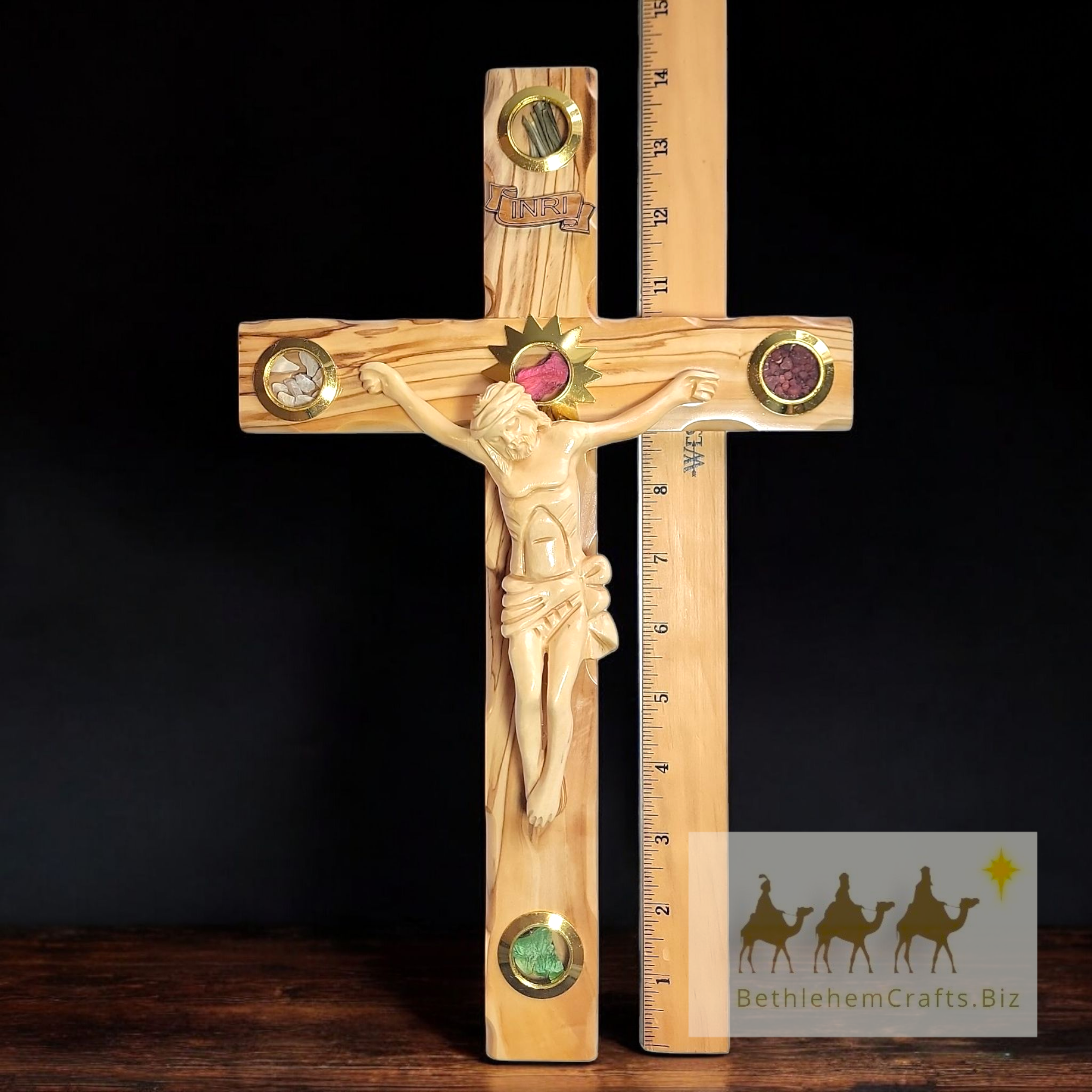 Authentic Holy Land olive wood standing crucifix with hand carved jesus handmade in Jerusalem for Catholic home d�cor gift