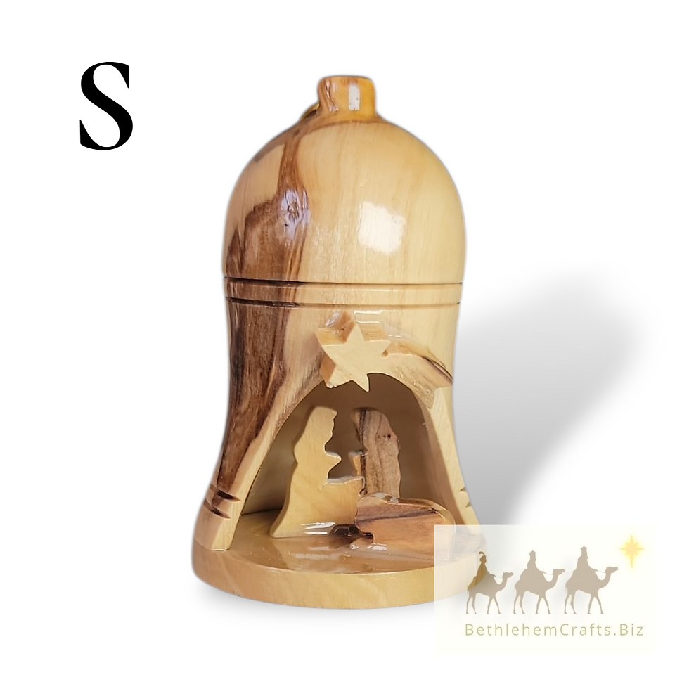 Thumbnail: Authentic Holy Land olive wood 3D bell shaped nativity ornament handmade in Bethlehem for Christian Christmas d�cor gift