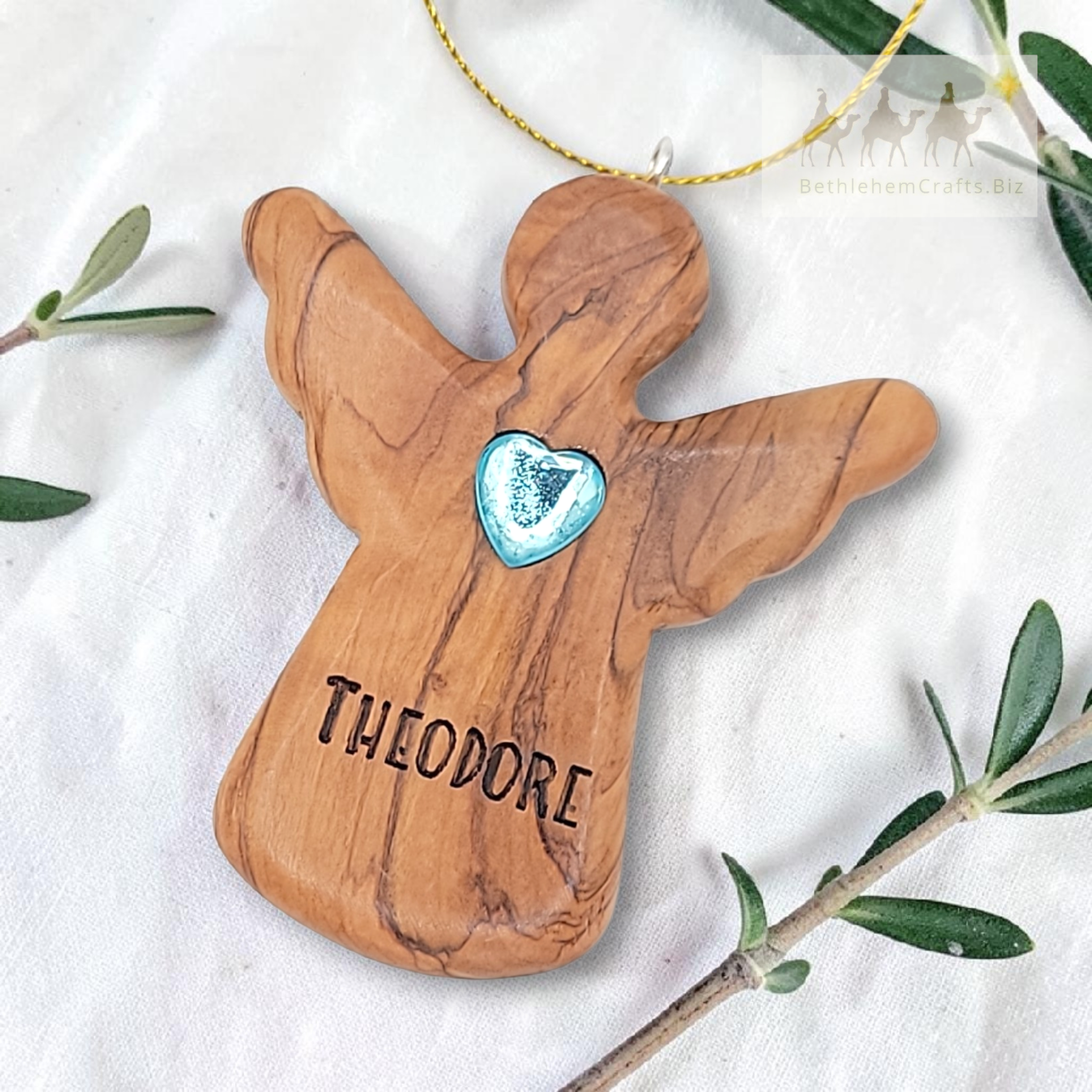 Authentic Holy Land olive wood personalized angel ornament with heart handmade in Bethlehem for custom birthday memorial gift