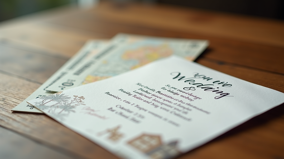 Close-up view of a wedding invitation and travel tickets on a wooden table