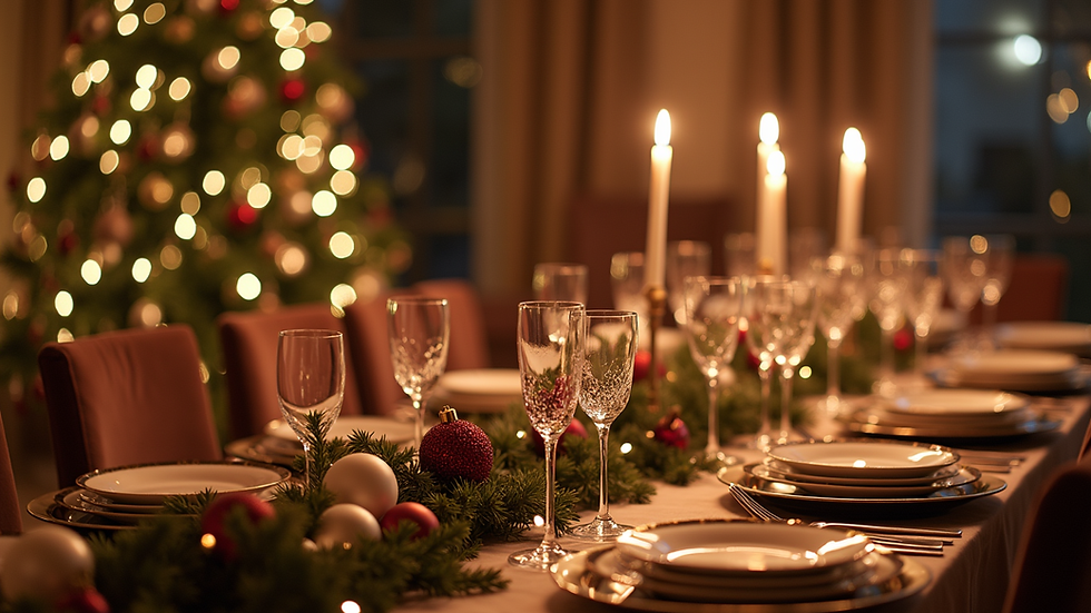 Close-up view of a beautifully arranged holiday party table with festive decorations