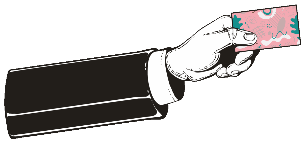 Animated business card design pink patter cartoon arm holding business card