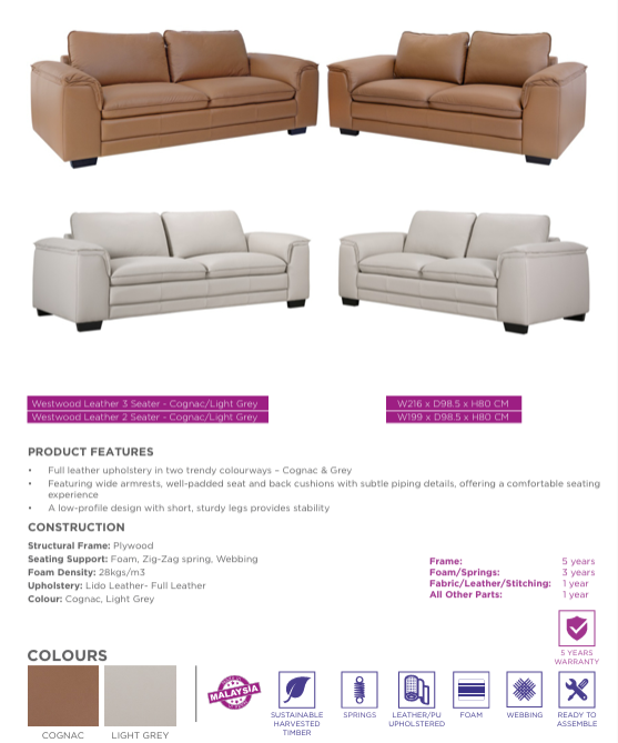 Thumbnail: Brand New WESTWOOD Full Leather 3+2 Seater Sofa Set in Cognac/Light Grey Color | Citylife Furniture, Brisbane