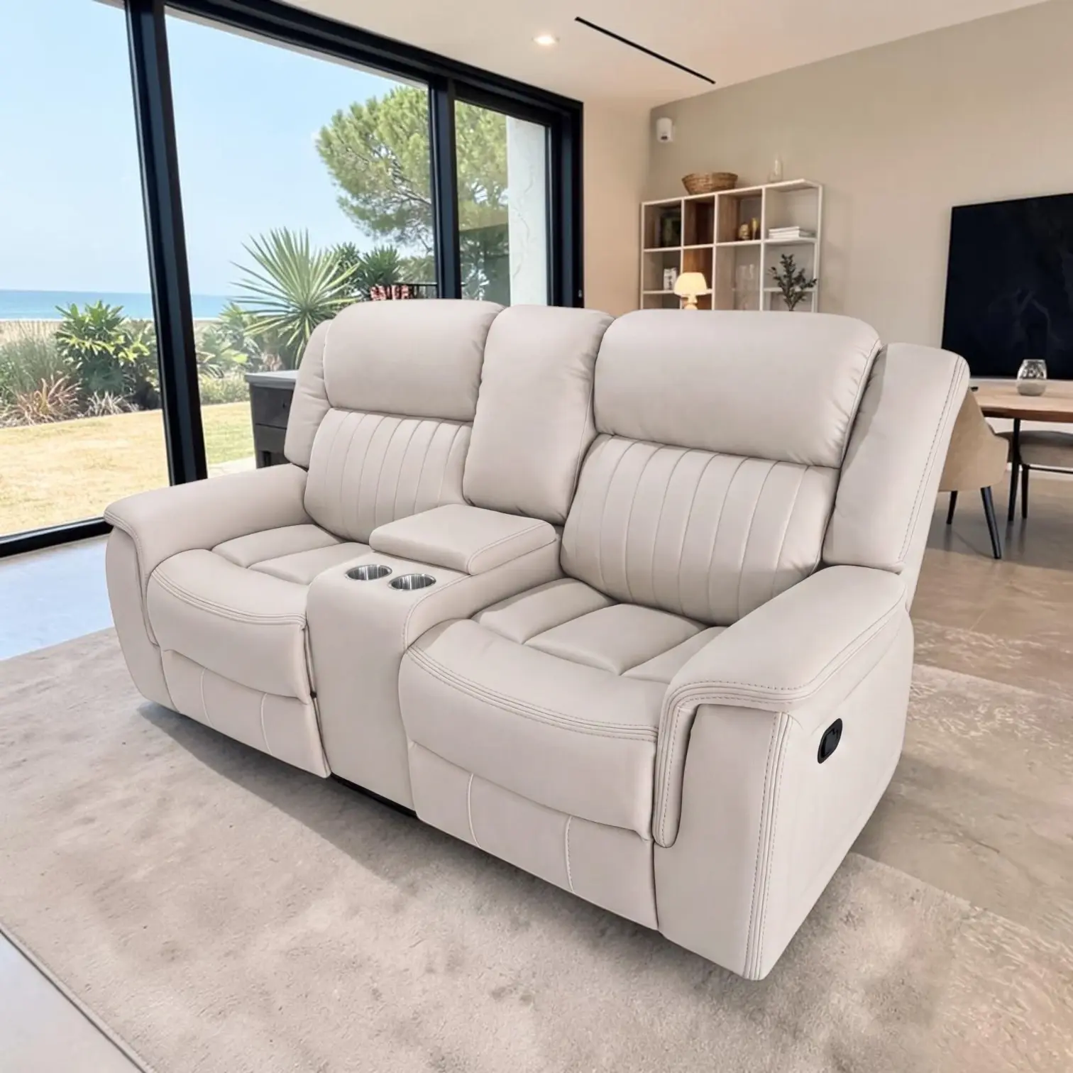 New Hudson 2 Seater Power Recliner Fabric Sofa – Black/Light Brown/Biege Colour | Citylife Furniture, Brisbane
