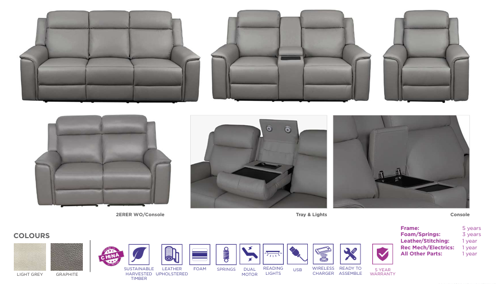 Thumbnail: New NEWTON Dual Motor Electric Recliner 2 Seater with Console in Graphite Full Leather | Citylife Furniture, Brisbane
