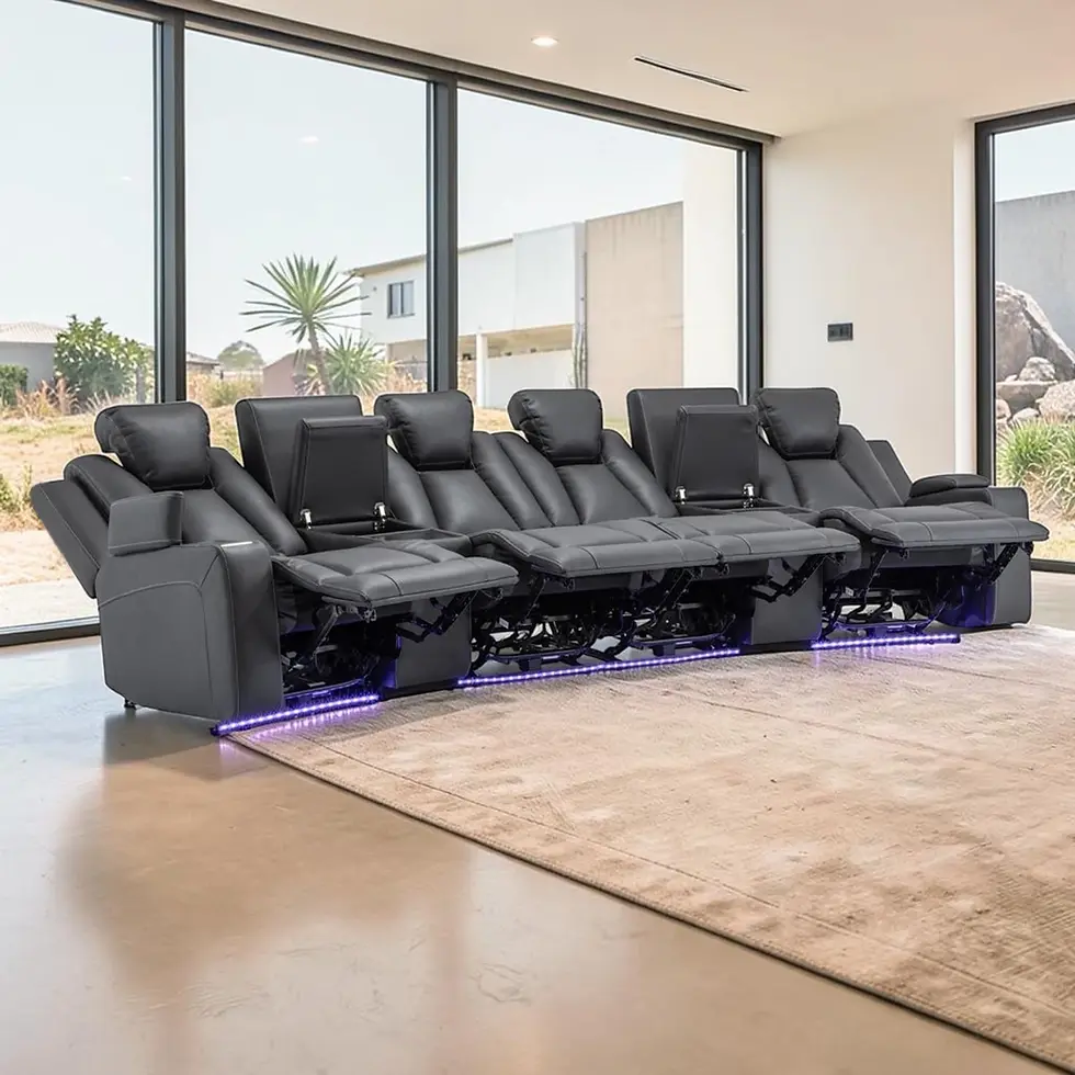 Thumbnail: Brand New WARNER HOME THEATRE Media Dual Motor Recliner Sofa in Fabric Charcoal Colour | Citylife Furniture, Brisbane
