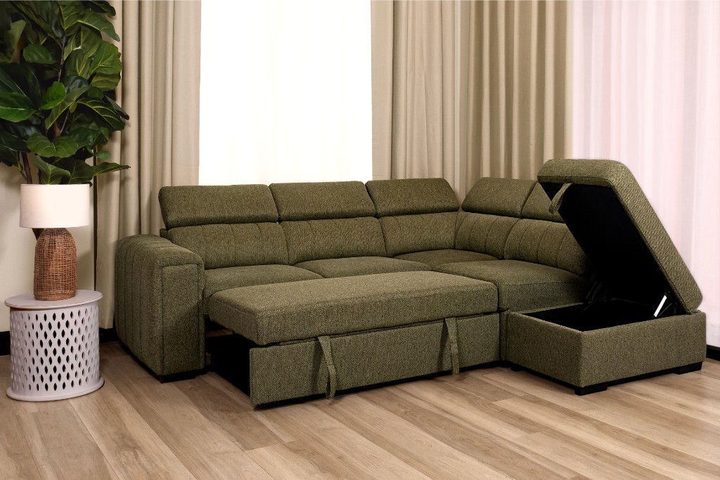 Brand New Odelia - Premium Textured Fabric RHF Chaise & Pull Out Sofa Bed in Green Color | Citylife Furniture, Brisbane