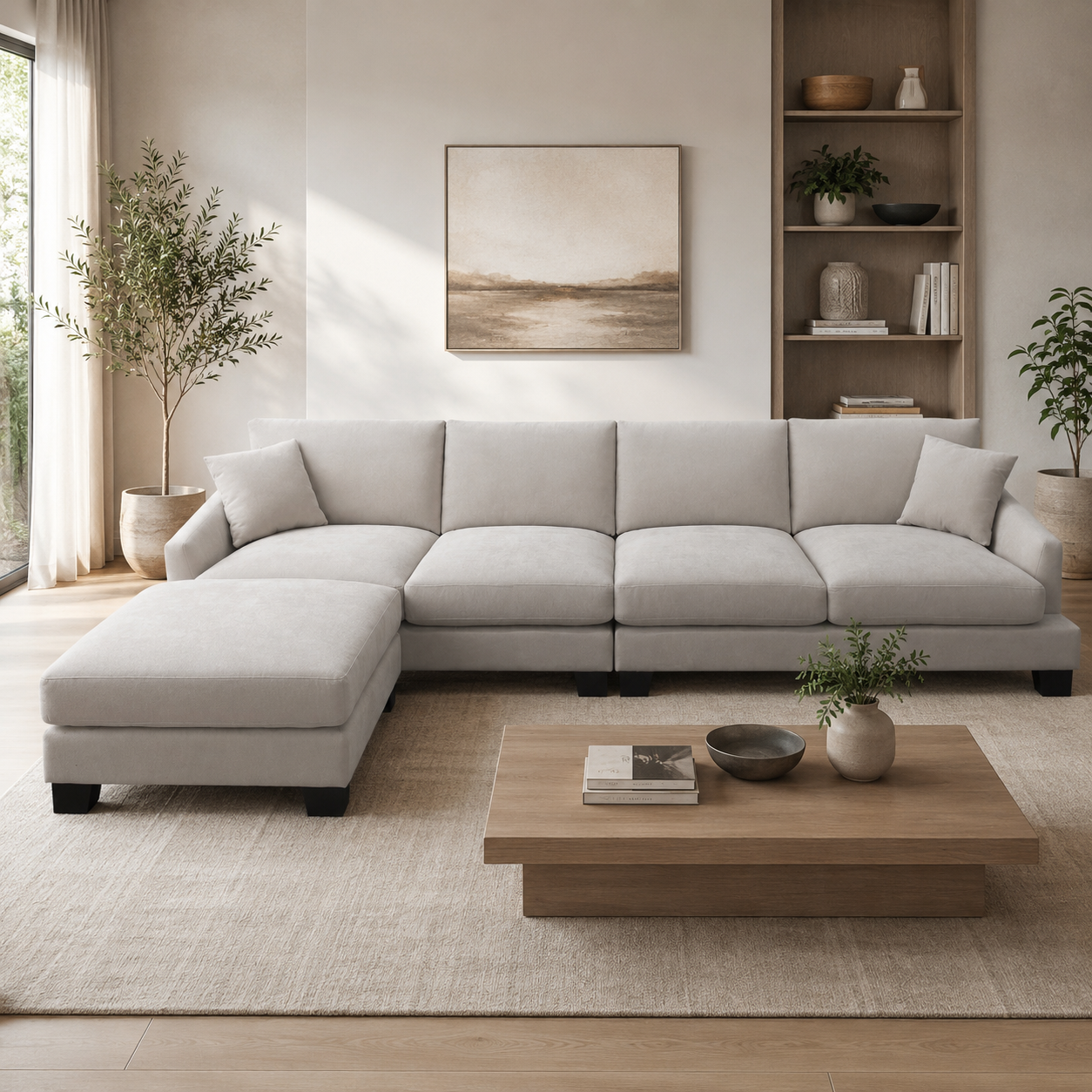 Brand New Poppy 4 Seater Deep Seated Fabric sofa with Ottoman - Natural Grey Colour | Citylife Furniture, Brisbane