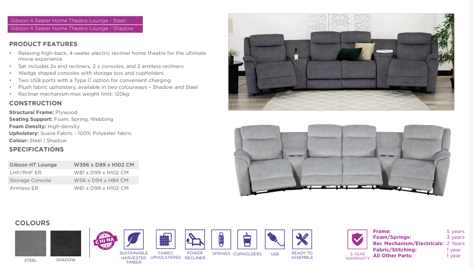 Thumbnail: Brand New GIBSON 4 Seater Media Electric Recliner Home Theatre Sofa in Fabric | Citylife Furniture, Brisbane