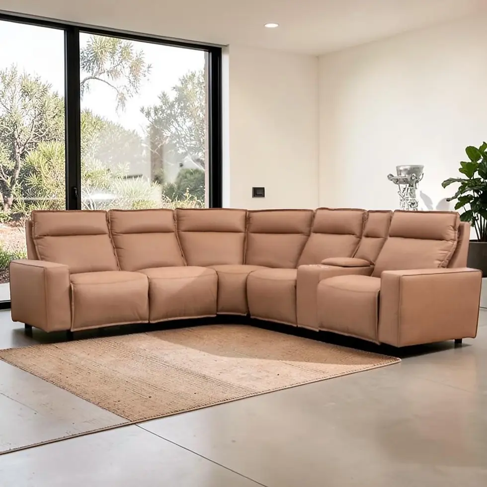 Thumbnail: New Santos 5 Seater Dual Motor Electric Recliner Corner Sofa - Tan/Emerald/Charcoal | Citylife Furniture, Brisbane