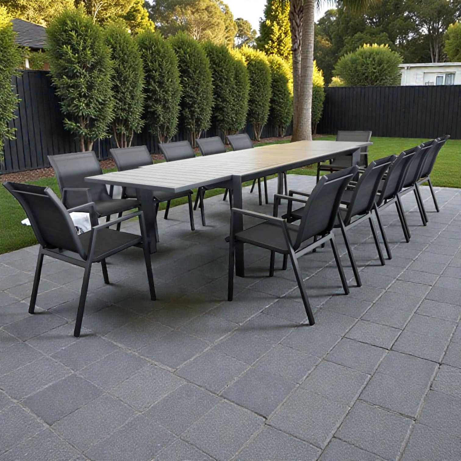 New ICARIA Collection - Outdoor 13 Piece Extendable Dining Table & 12 Chair Set in Charcoal | Citylife Furniture, Brisbane