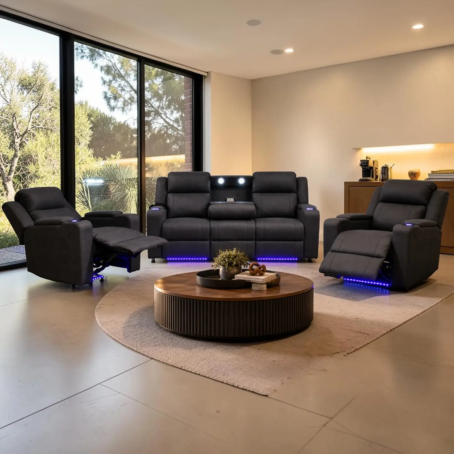 New Smith Modern 3+1+1 Media Recliner Lounge Set in Rhino Fabric Black/Grey Colour | Citylife Furniture, Brisbane