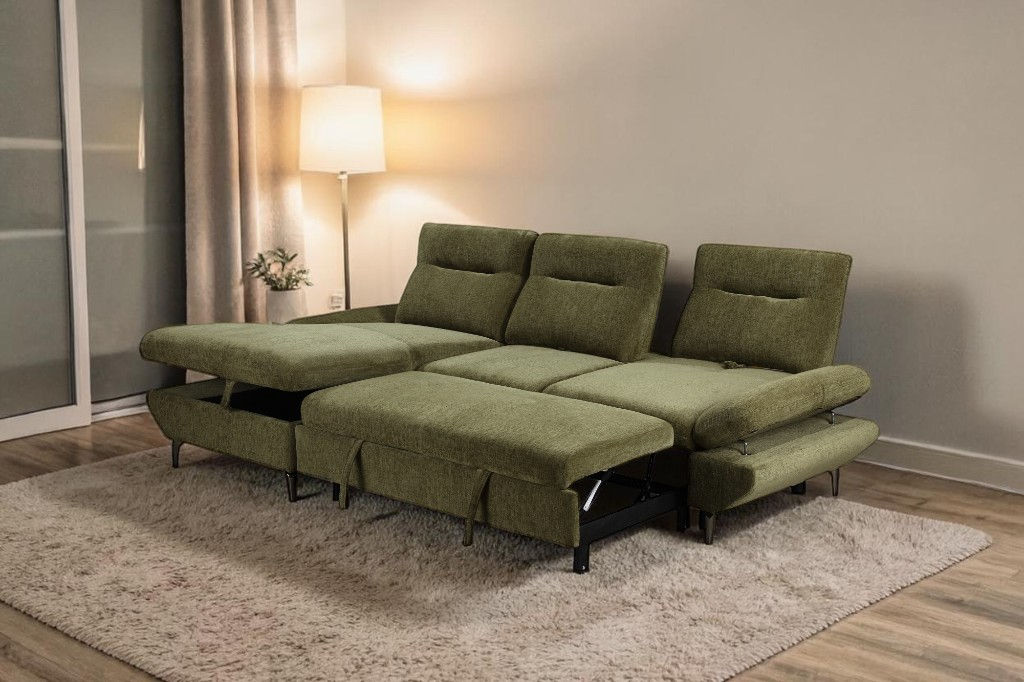 Brand New KRISTY 2 Seater Pull Out Sofa Bed with RHF/LHF Storage Chaise in Green Fabric | Citylife Furniture, Brisbane
