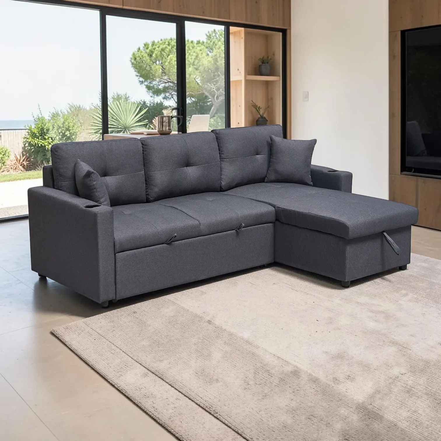 New Felix 3 Seater Sofa Bed with Reversible Storage Chaise – Charcoal | Citylife Furniture, Brisbane