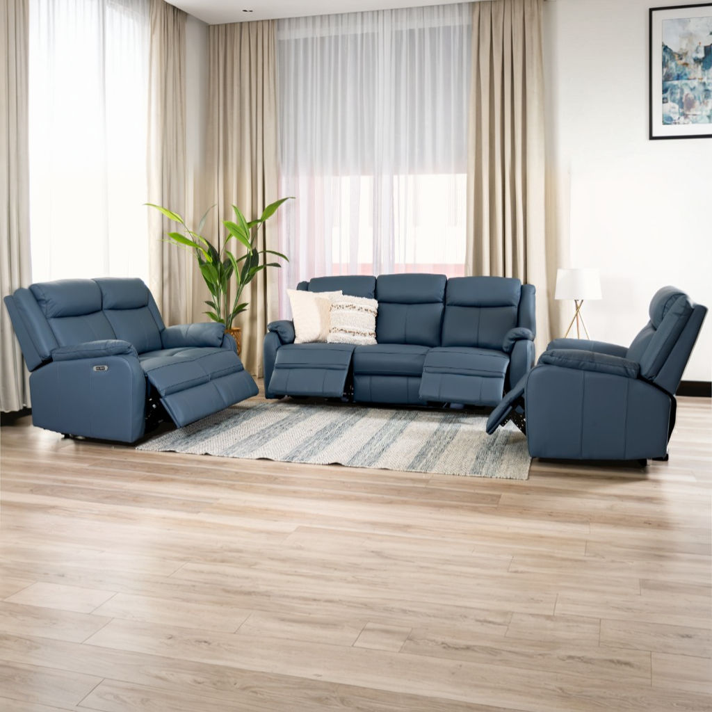 Brand New SUMMIT - Premium Leather Electric Recliner Lounge in Black/Marine Blue Color | Citylife Furniture, Brisbane