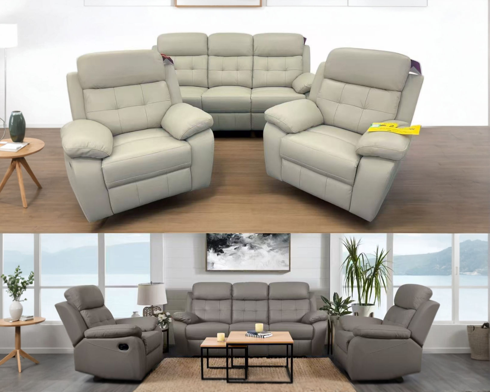 Brand New Rocella - Premium Modern Leather 3RR+R+R Recliner Set (Grey/Silver Color) | Citylife Furniture, Brisbane