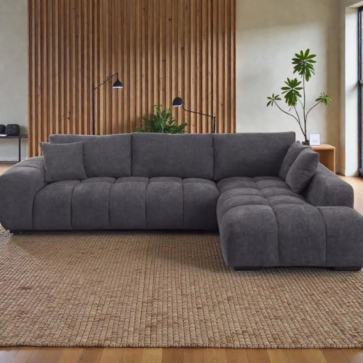 New SOPHIA Collection Modern Luxury Fabric RHF Chaise Sofa in Charcoal | Citylife Furniture, Brisbane