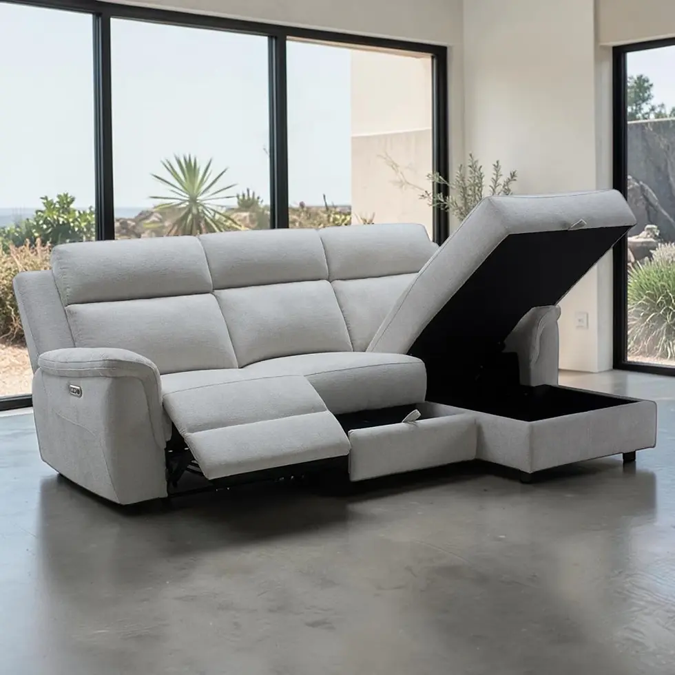 Thumbnail: New Dover 3 Seater Left Recliner Fabric Sofa with Right Storage Chaise | Citylife Furniture, Brisbane