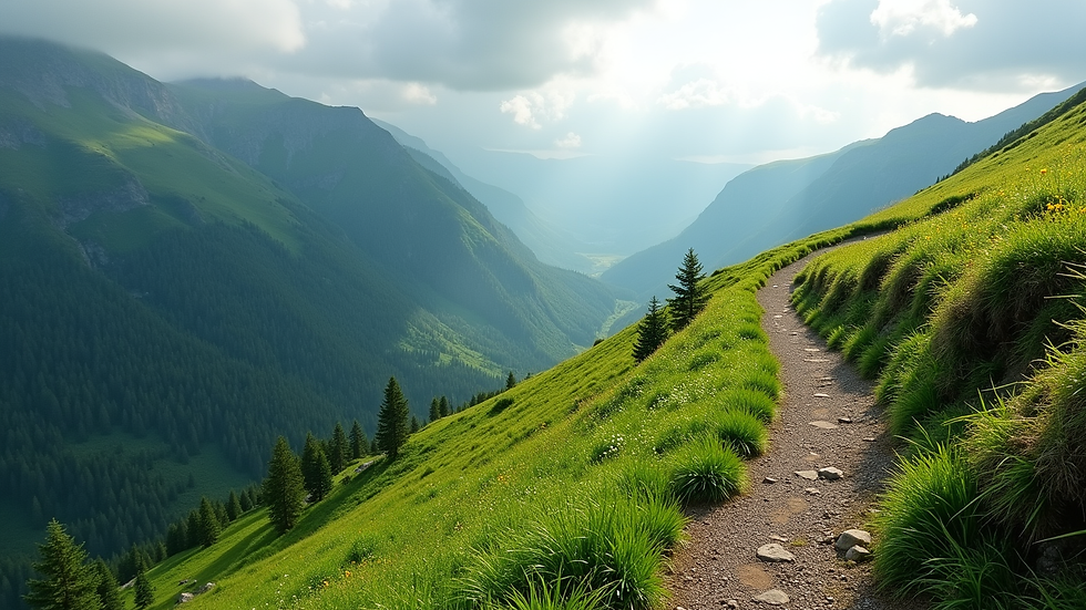High angle view of a scenic hiking trail winding through lush green mountains