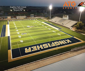 Kingfisher High School in Kingfisher, OK features a premium synthetic turf field built for Turf & Track. The project included base prep, drainage, turf installation and uses RamTurf for durability, safety, and year-round play. Custom field markings, logos and upgrades including lighting and fencing enhance performance and visual appeal. This artificial turf installation reflects expert sports field construction and long-term value.