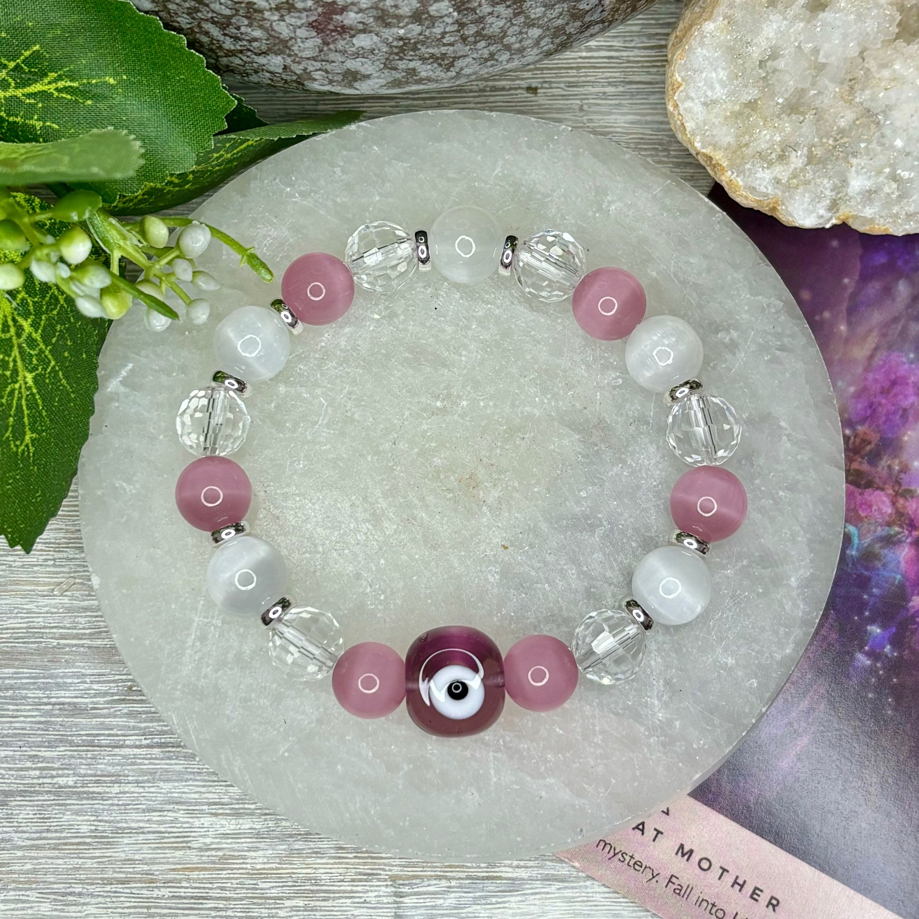 EVIL EYE PURPLE - SELENITE, PINK CATS EYE & CLEAR QUARTZ FACETED -SILVER